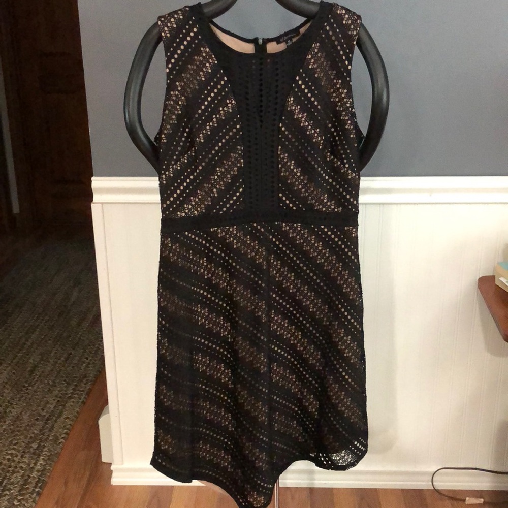 S. Levine black lace over beige liner dress